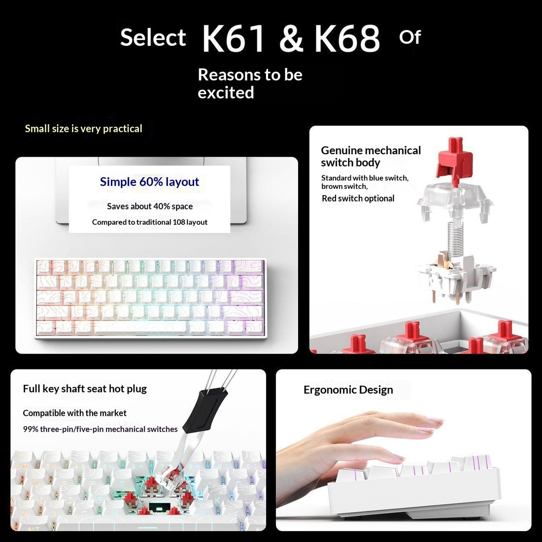68-Key Wireless Mechanical Gaming Keyboard Portable for Laptop